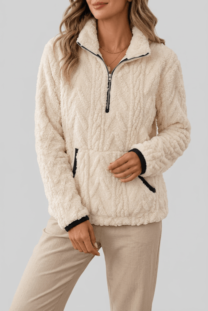 Dames Fleece Trui met Rits | Kabelpatroon & Kangoeroezak