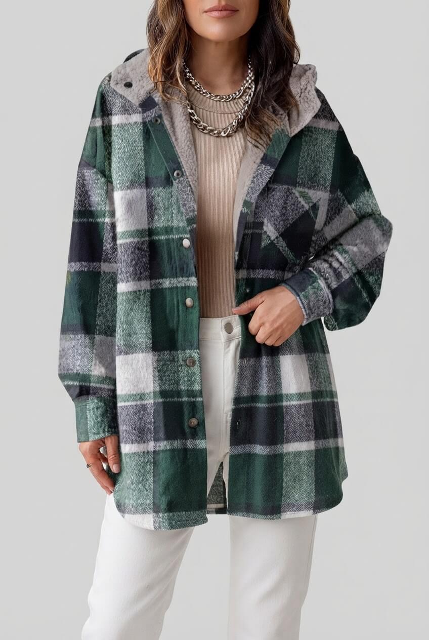 Dames Oversized Geruite Jas | Capuchon & Knoopsluiting