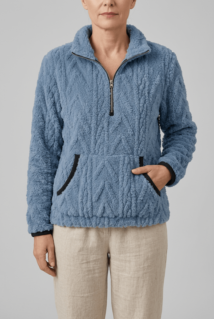 Dames Fleece Trui met Rits | Kabelpatroon & Kangoeroezak