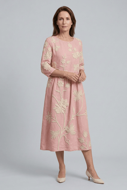 Zomerjurk Dames | Midi met Bloemenborduursel & Ronde Hals