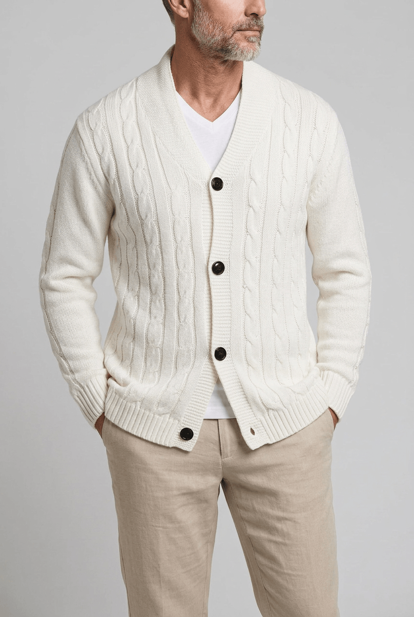 Heren cardigan met sjaalkraag | Kabelpatroon