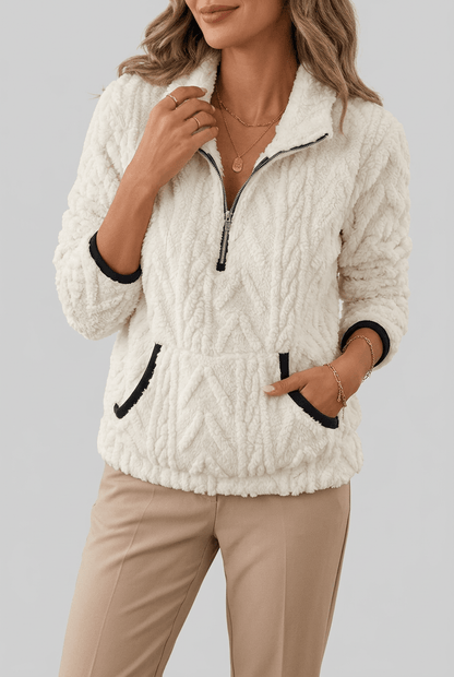 Dames Fleece Trui met Rits | Kabelpatroon & Kangoeroezak