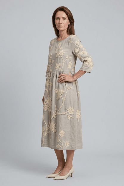 Zomerjurk Dames | Midi met Bloemenborduursel & Ronde Hals