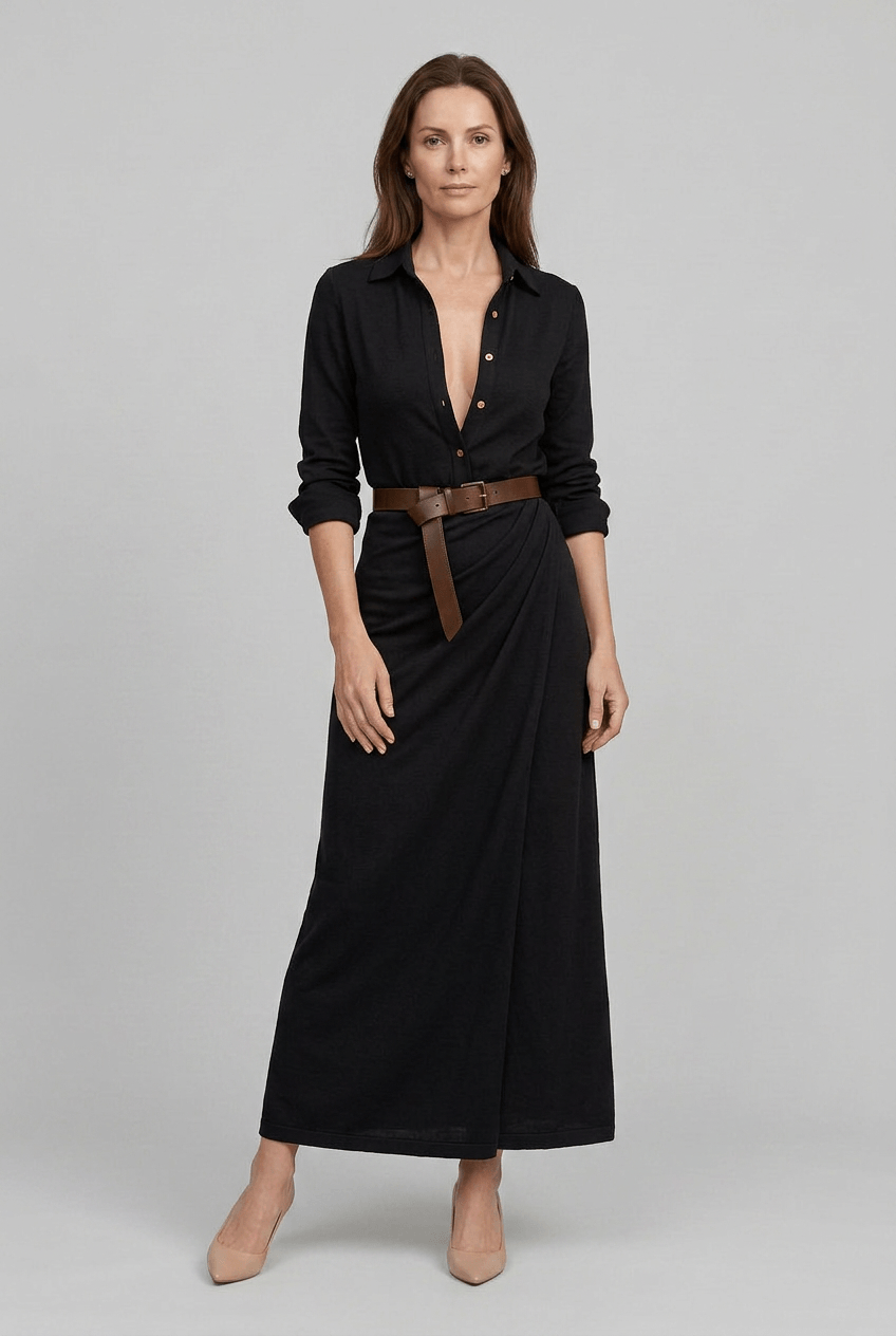 Maxikleid Damen | Blusenkleid mit Wickelrock & V-Ausschnitt