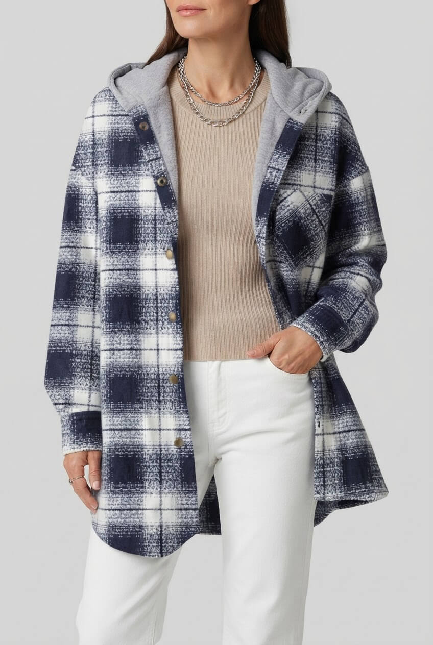 Dames Oversized Geruite Jas | Capuchon & Knoopsluiting