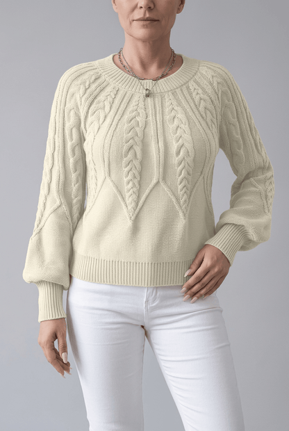 Dames Trui met Ronde Hals | Kabelpatroon & Lantaarnmouwen