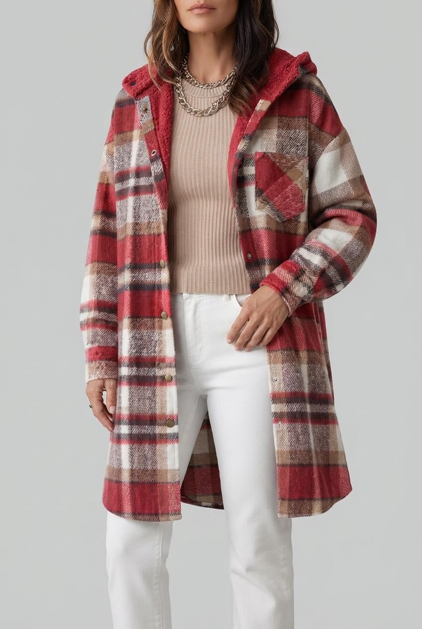 Dames Oversized Geruite Jas | Capuchon & Knoopsluiting
