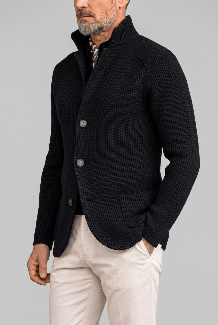 Heren cardigan winter | Opstaande kraag & knoopsluiting