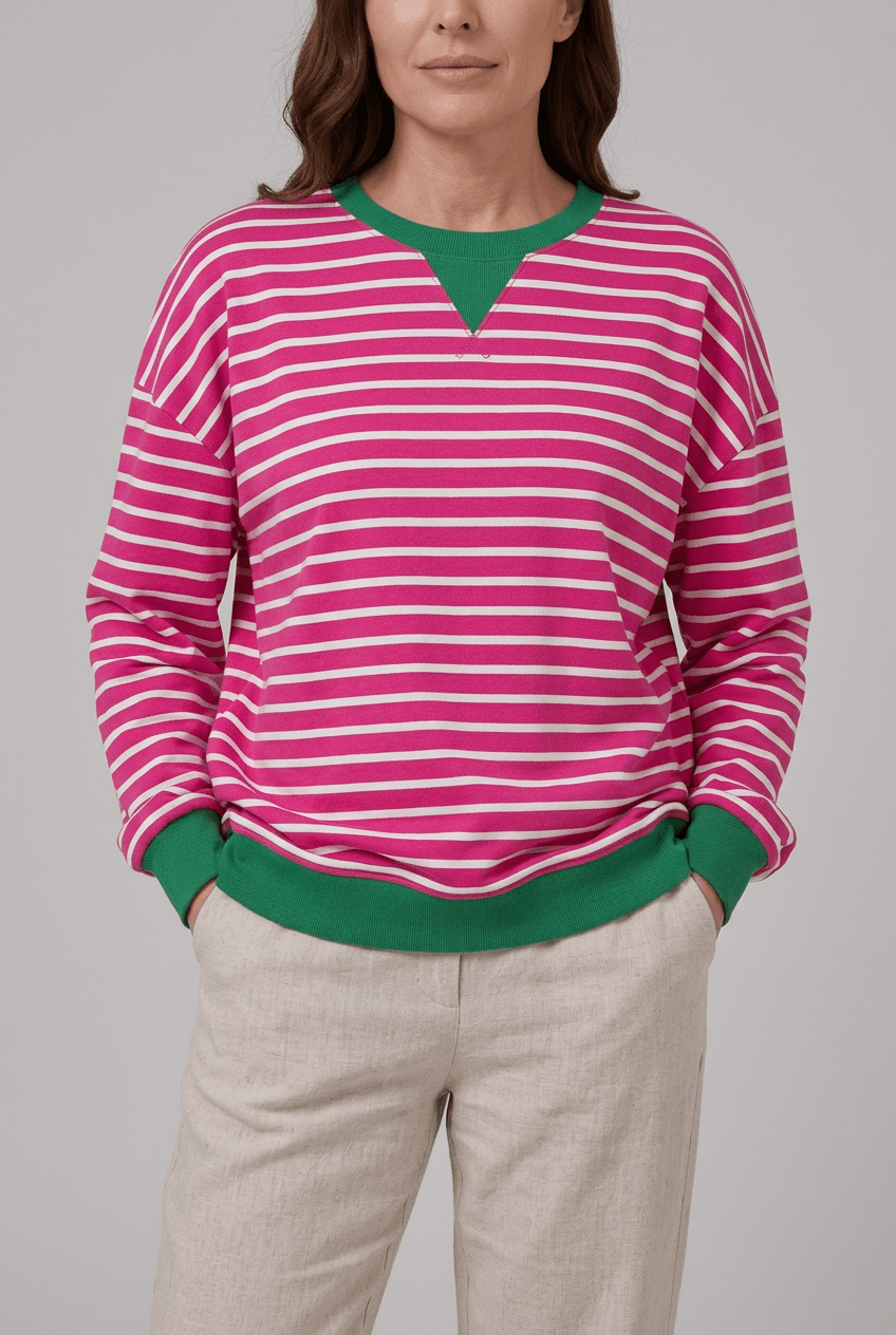Dames Oversized Sweater | Retro Streepprint & Contrasttrim