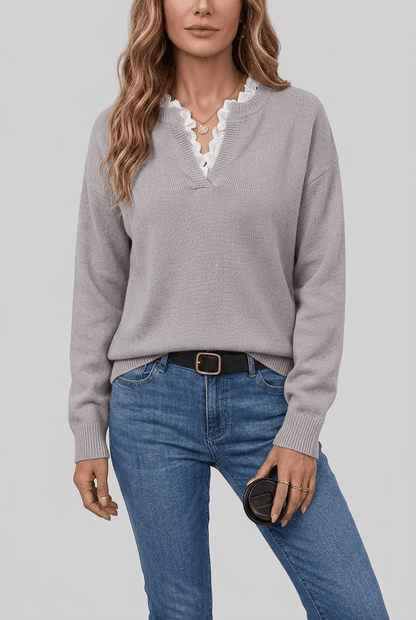 Dames trui met V-hals | Contrastrand & geribbelde boord