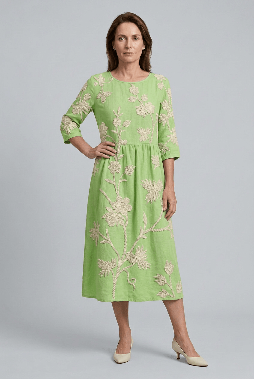 Zomerjurk Dames | Midi met Bloemenborduursel & Ronde Hals