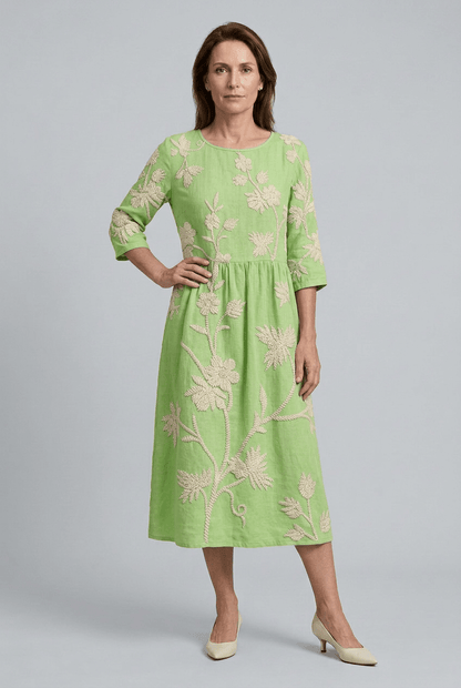 Zomerjurk Dames | Midi met Bloemenborduursel & Ronde Hals