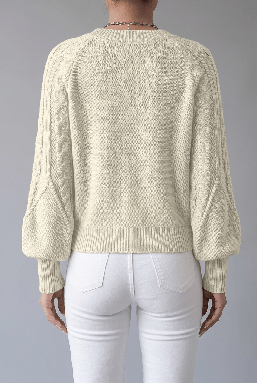 Dames Trui met Ronde Hals | Kabelpatroon & Lantaarnmouwen