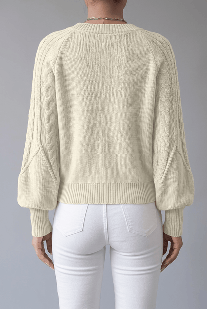 Dames Trui met Ronde Hals | Kabelpatroon & Lantaarnmouwen