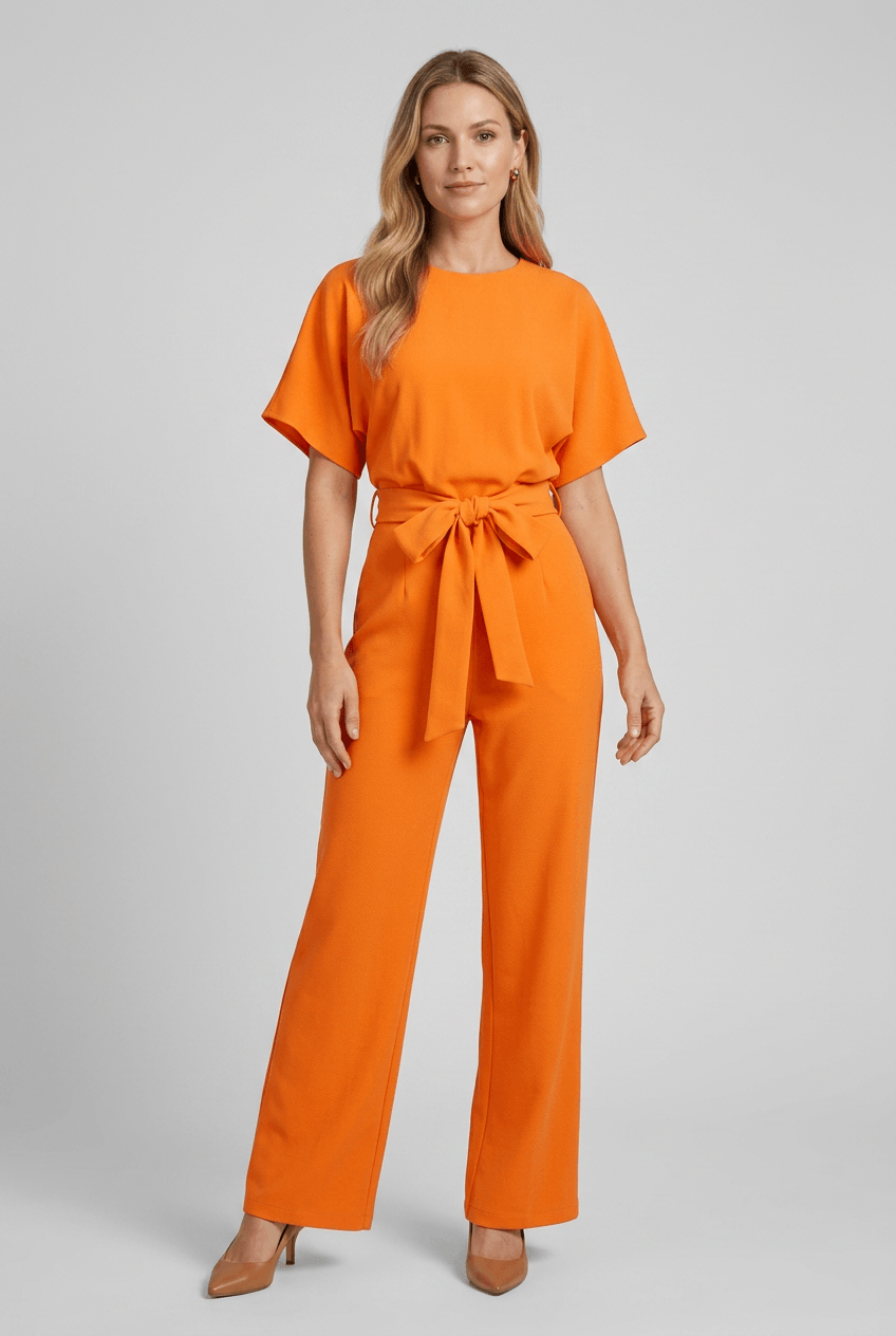 Dames Jumpsuit met Wijde Pijpen en Strikceintuur | Korte Mouwen