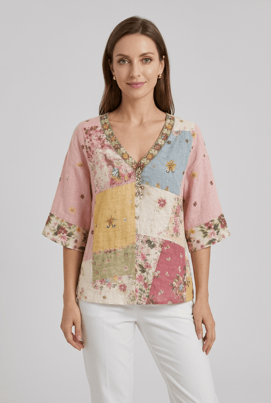 Dames Blouse met V-hals en Bloemenprint | Korte Mouwen