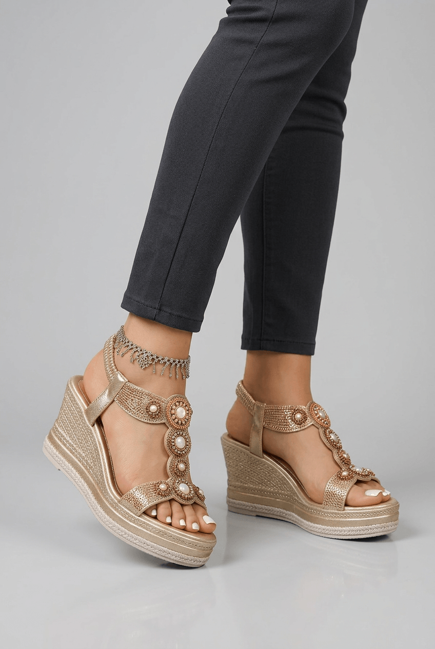 Dames Sandalen met Sleehak en Kralenversiering | Slingback