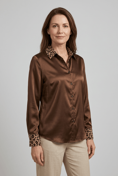 Dames Blouse met Luipaardprint Kraag en Manchetten | Lange Mouwen