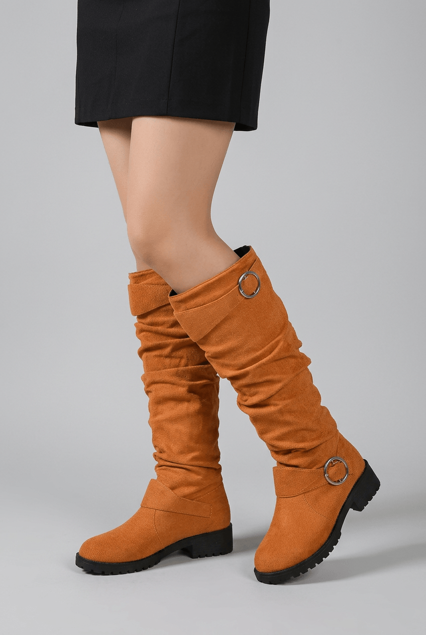 Dames laarzen tot de knie | Ruched schacht & ronde gesp