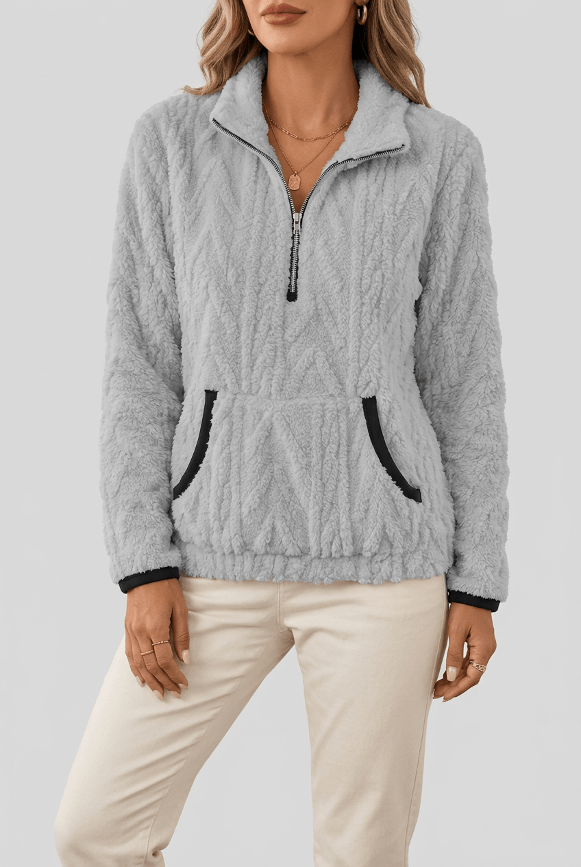 Dames Fleece Trui met Rits | Kabelpatroon & Kangoeroezak
