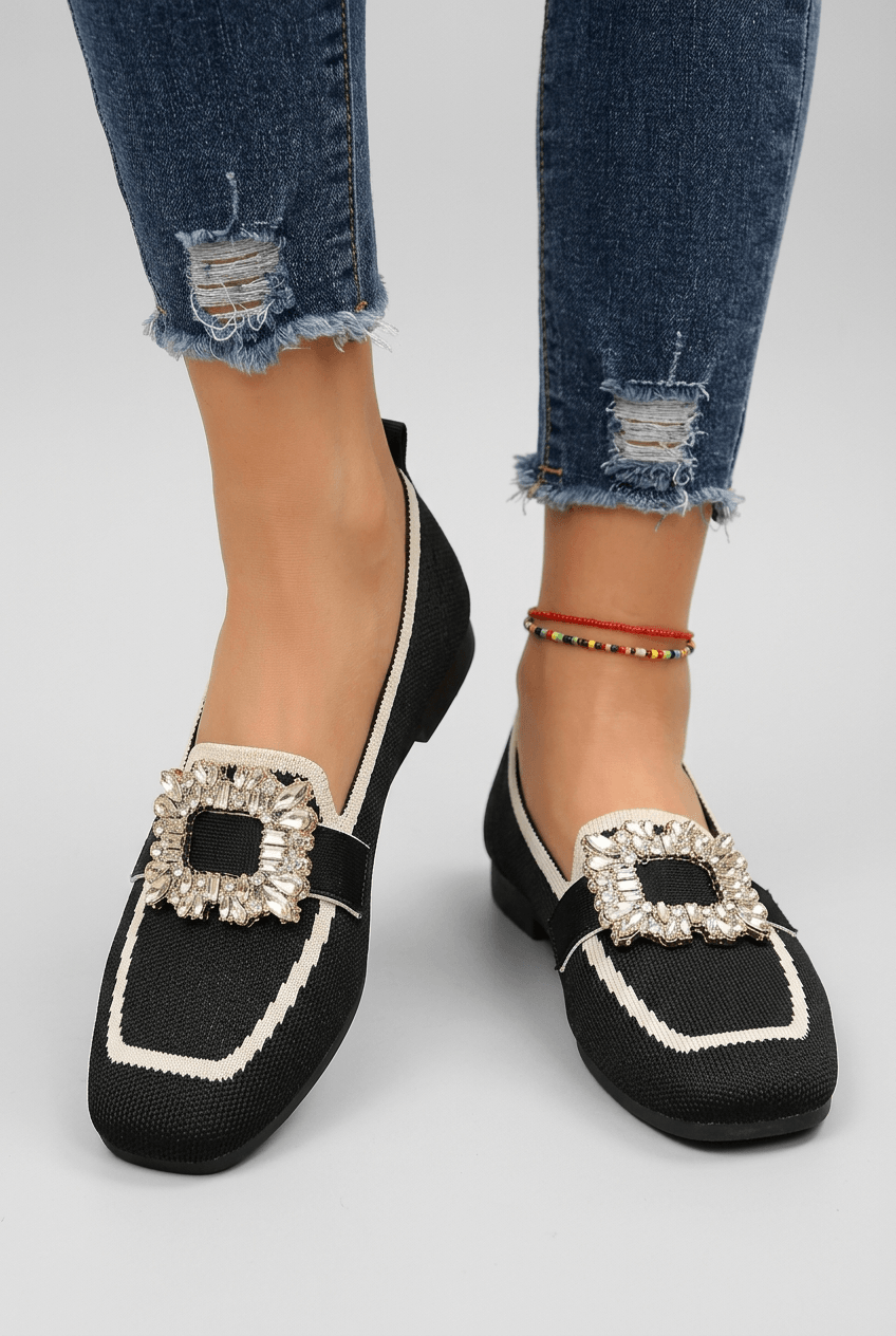 Loafers Dames Gebreid | Vierkante Neus & Kristallen Gesp