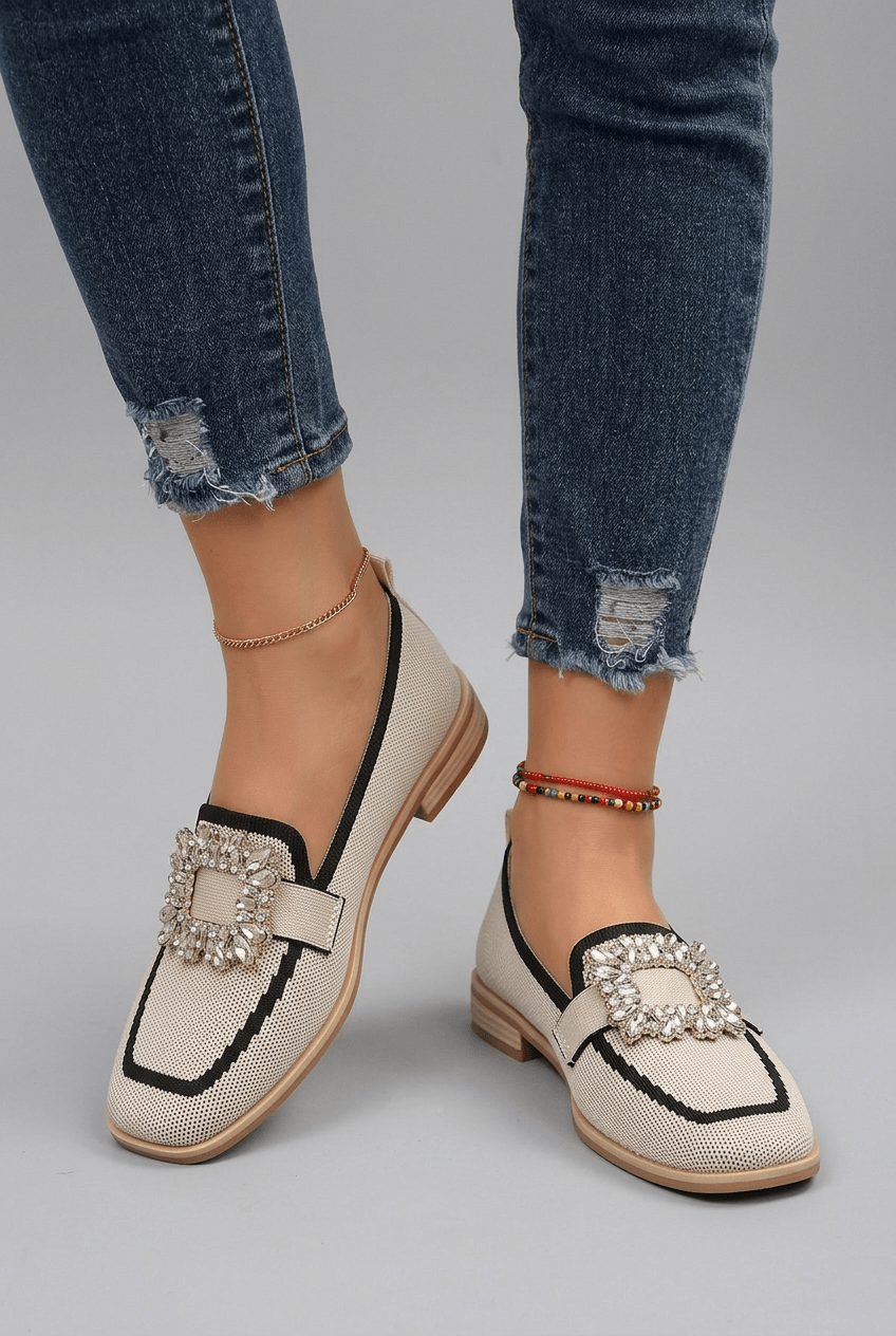 Loafers Dames Gebreid | Vierkante Neus & Kristallen Gesp