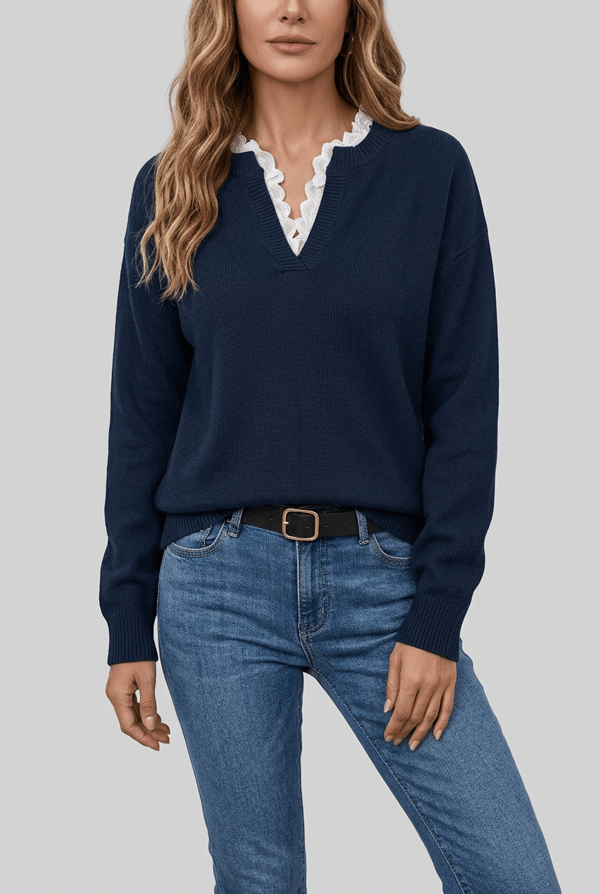 Dames trui met V-hals | Contrastrand & geribbelde boord