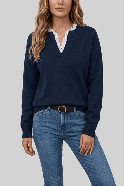 Dames trui met V-hals | Contrastrand & geribbelde boord