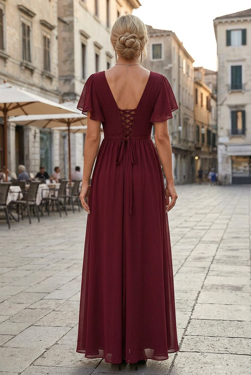 Women's Dress With V-Neck And Butterfly Sleeves | Tie Belt And Maxi