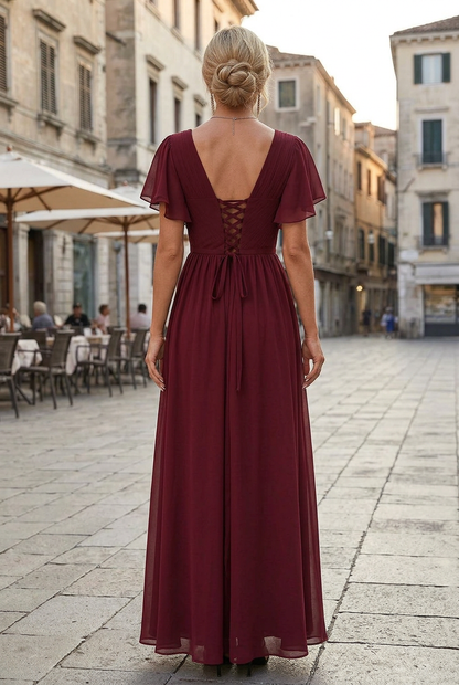 Women's Dress With V-Neck And Butterfly Sleeves | Tie Belt And Maxi