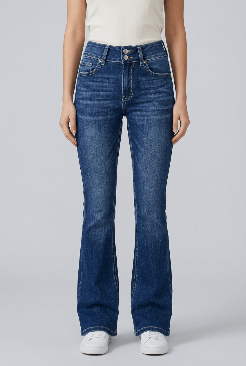 Dames Flared Jeans Hoge Taille | Rafelzoom & Knoopsluiting