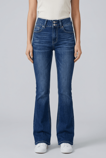 Dames Flared Jeans Hoge Taille | Rafelzoom & Knoopsluiting