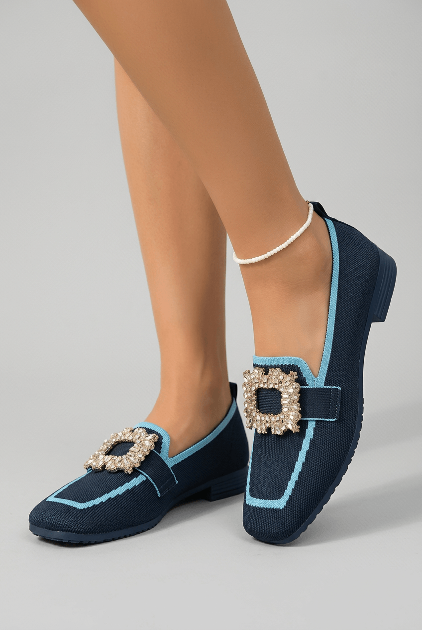 Loafers Dames Gebreid | Vierkante Neus & Kristallen Gesp