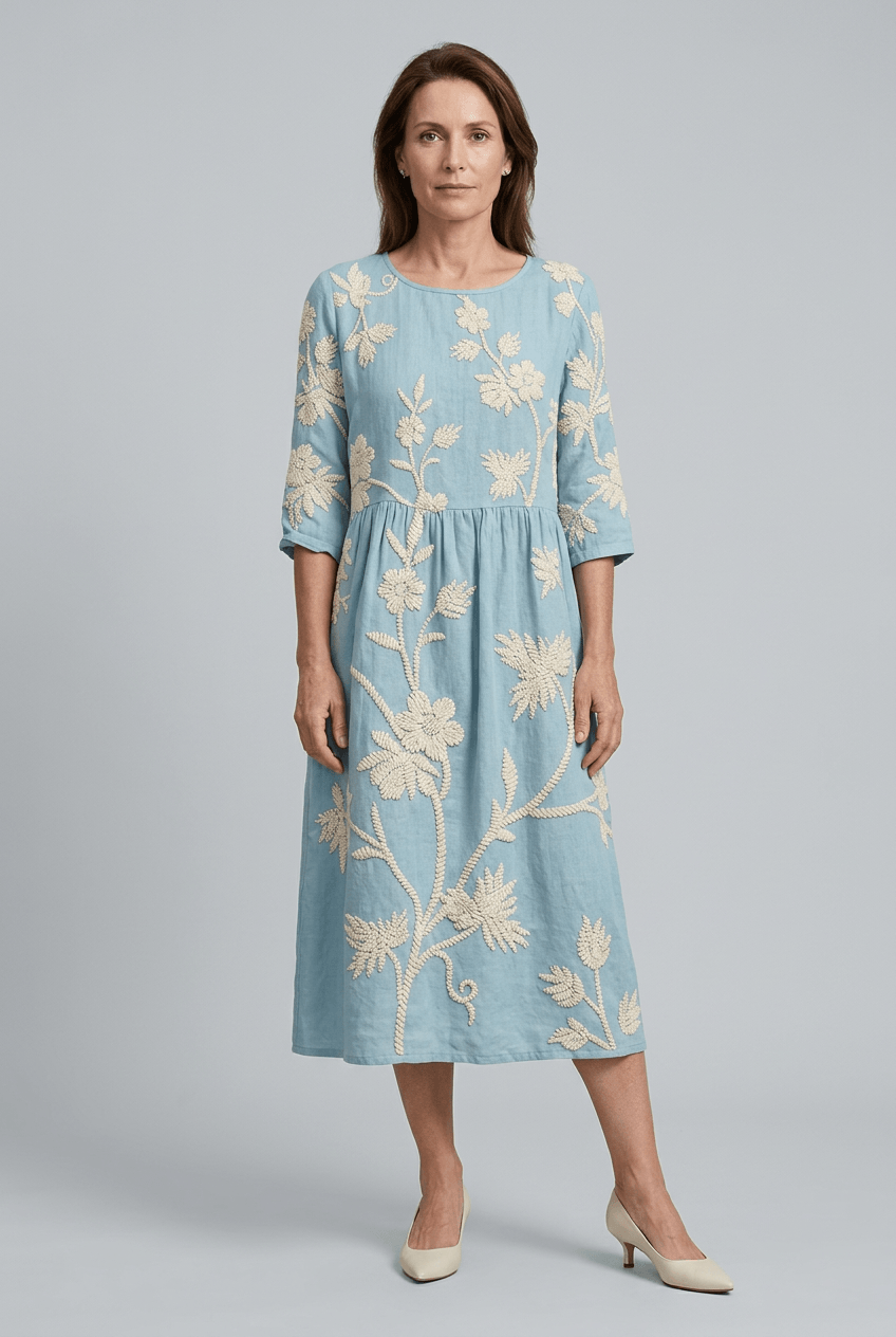 Zomerjurk Dames | Midi met Bloemenborduursel & Ronde Hals