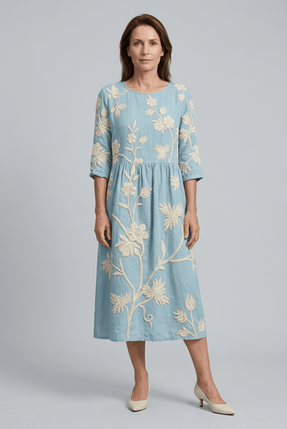 Zomerjurk Dames | Midi met Bloemenborduursel & Ronde Hals
