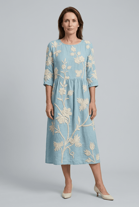 Zomerjurk Dames | Midi met Bloemenborduursel & Ronde Hals