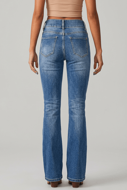 Dames Flared Jeans Hoge Taille | Rafelzoom & Knoopsluiting