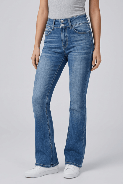 Dames Flared Jeans Hoge Taille | Rafelzoom & Knoopsluiting