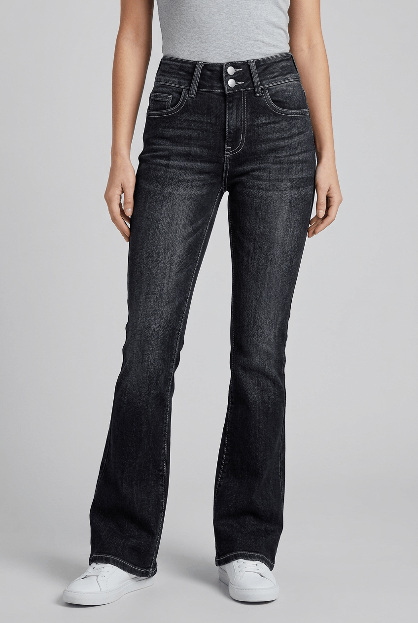 Dames Flared Jeans Hoge Taille | Rafelzoom & Knoopsluiting