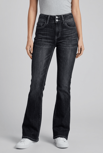 Dames Flared Jeans Hoge Taille | Rafelzoom & Knoopsluiting