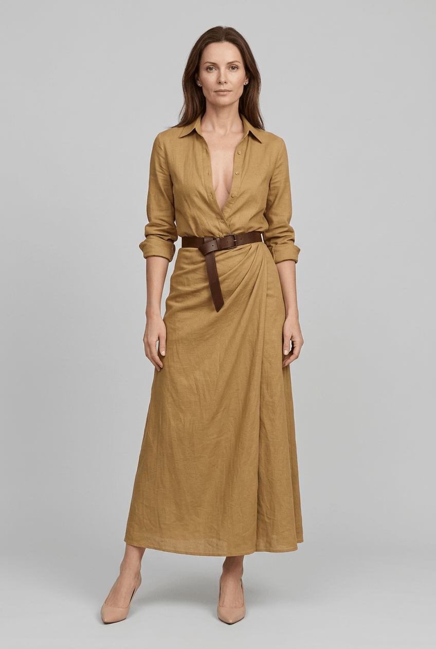 Maxikleid Damen | Blusenkleid mit Wickelrock & V-Ausschnitt