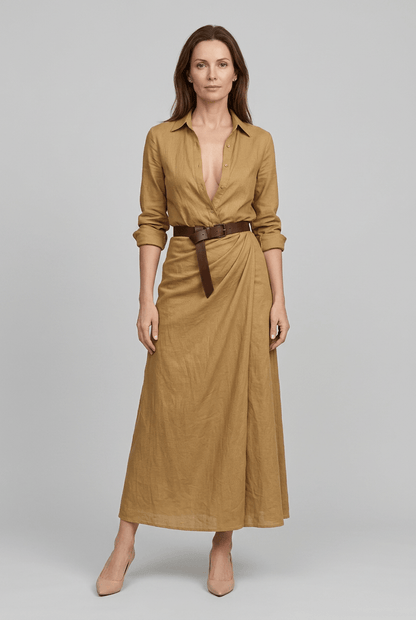 Maxikleid Damen | Blusenkleid mit Wickelrock & V-Ausschnitt