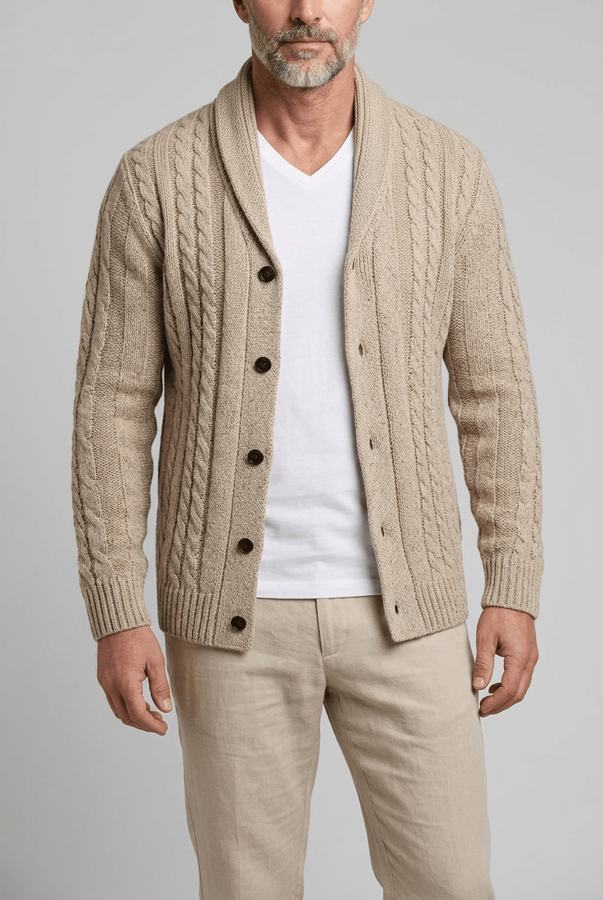 Heren cardigan met sjaalkraag | Kabelpatroon