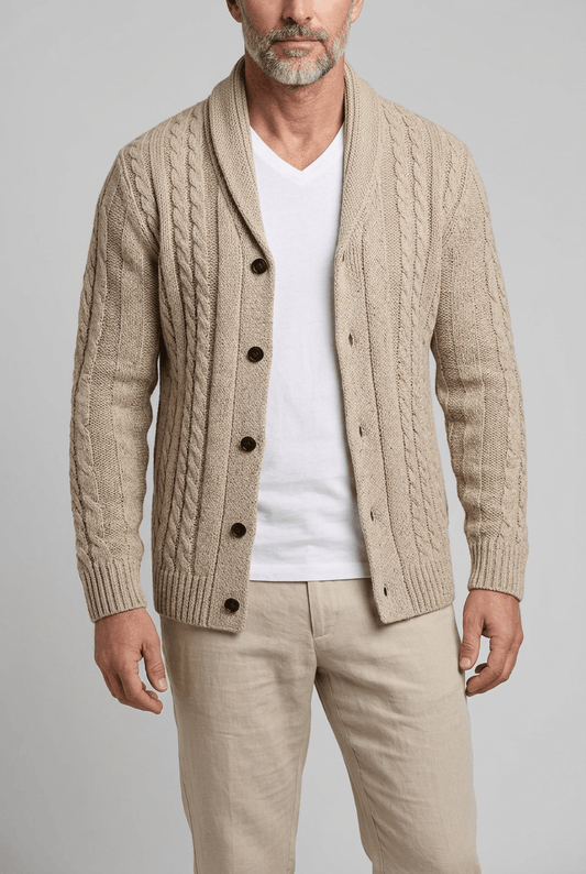 Heren cardigan met sjaalkraag | Kabelpatroon