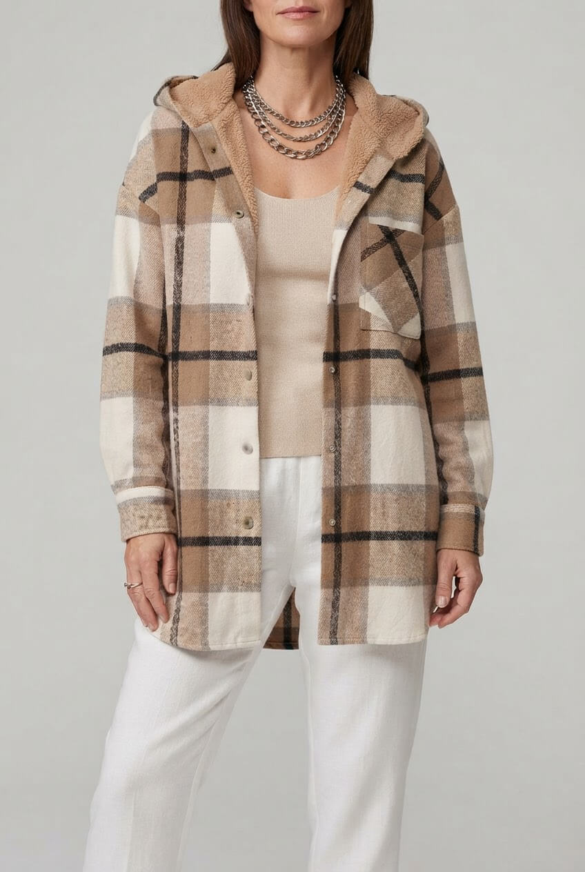 Dames Oversized Geruite Jas | Capuchon & Knoopsluiting