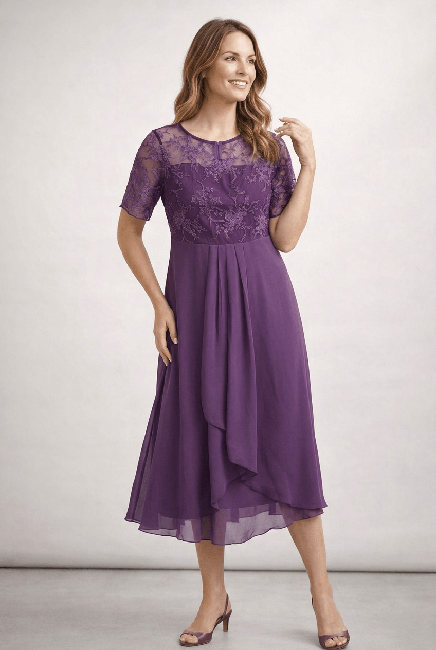 Kleid Hochzeitsgast Damen Midi | Spitzenoberteil & Kurze Ärmel