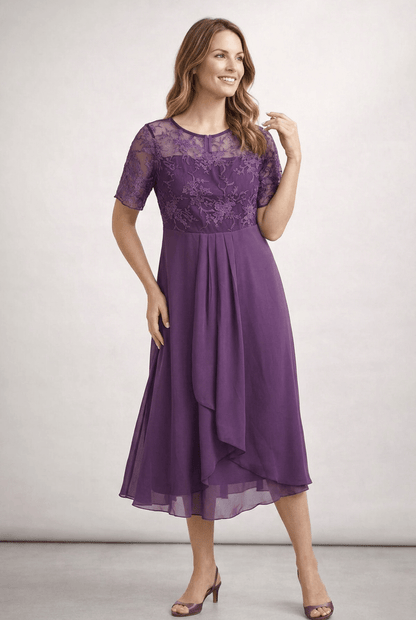 Kleid Hochzeitsgast Damen Midi | Spitzenoberteil & Kurze Ärmel