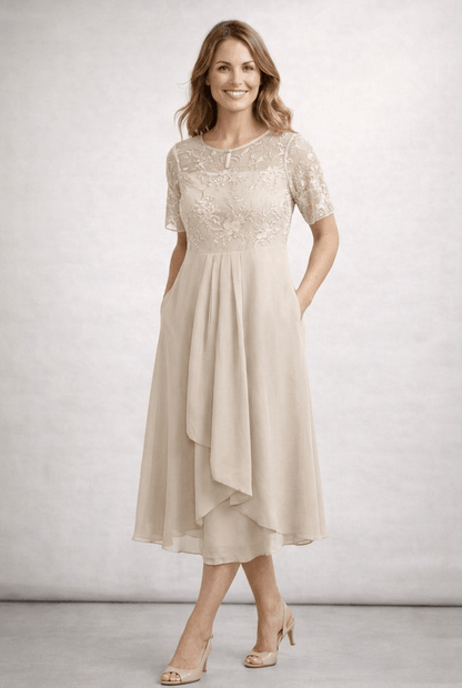 Kleid Hochzeitsgast Damen Midi | Spitzenoberteil & Kurze Ärmel