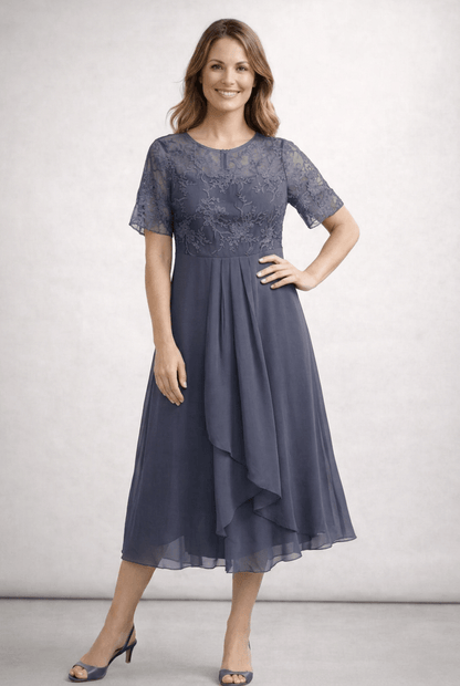 Kleid Hochzeitsgast Damen Midi | Spitzenoberteil & Kurze Ärmel