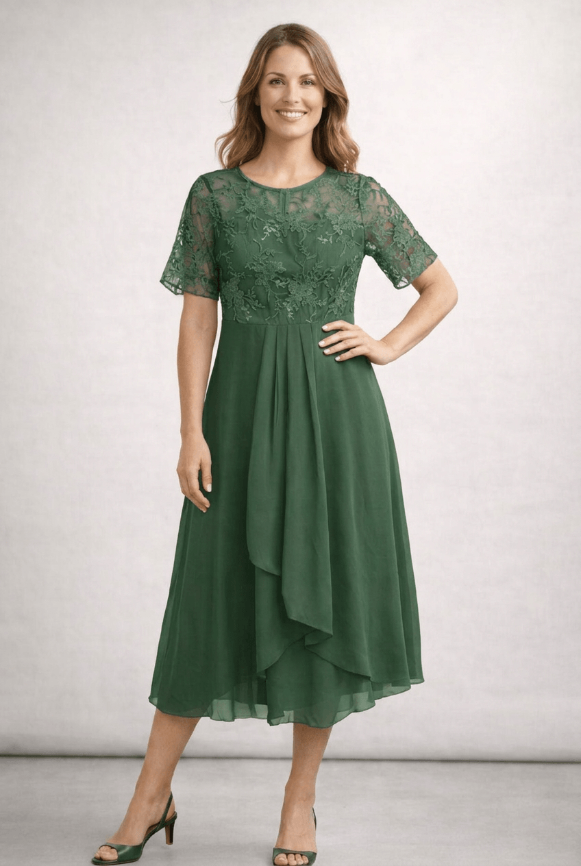 Kleid Hochzeitsgast Damen Midi | Spitzenoberteil & Kurze Ärmel